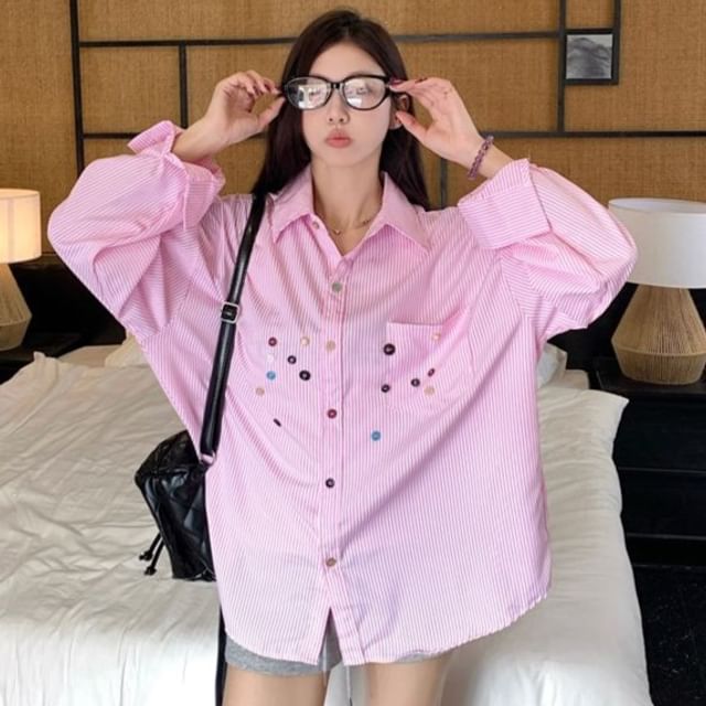Oversized Striped Shirt with Pocket Long Sleeve