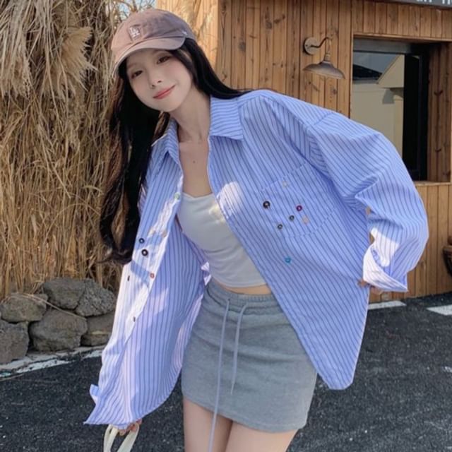 Oversized Striped Shirt with Pocket Long Sleeve