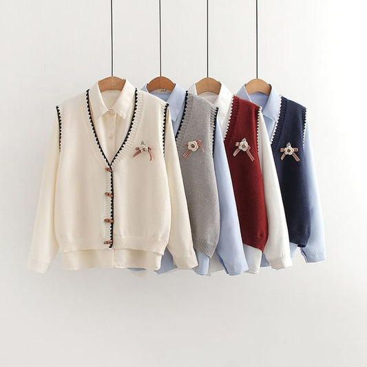 Two-Piece Set: V-Neck Knit Vest & Long Sleeve Shirt