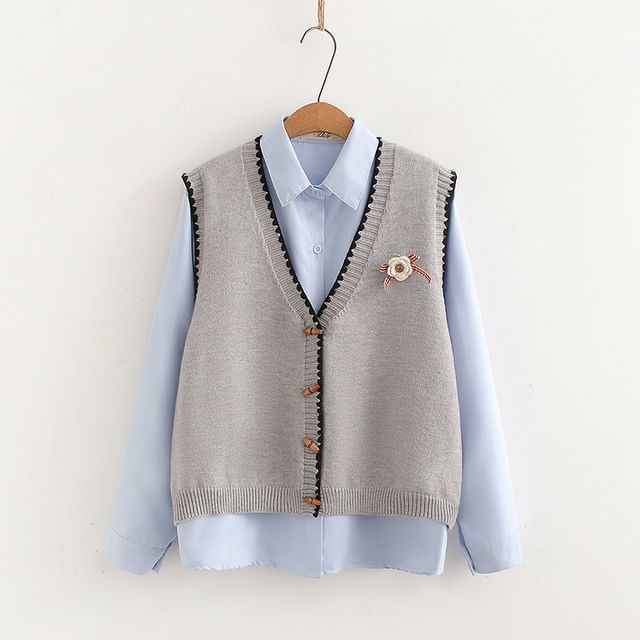Two-Piece Set: V-Neck Knit Vest & Long Sleeve Shirt