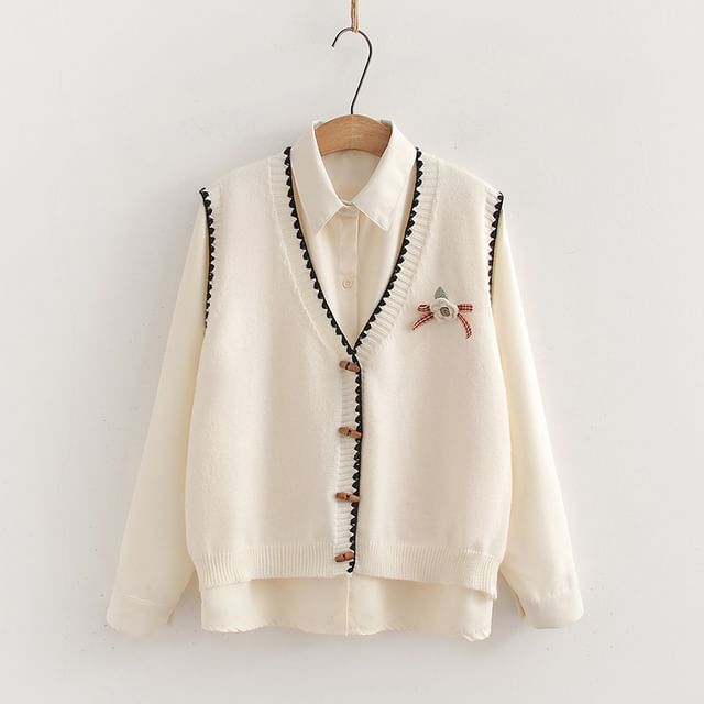Two-Piece Set: V-Neck Knit Vest & Long Sleeve Shirt