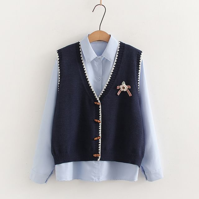 Two-Piece Set: V-Neck Knit Vest & Long Sleeve Shirt