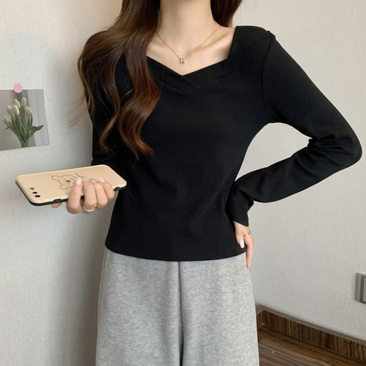 V-Neck Long Sleeve Solid Top