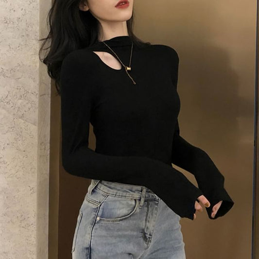 Cutout Solid Long Sleeve Top