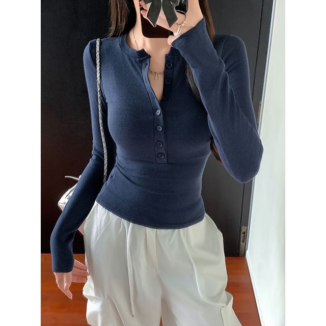 Half Button Solid Long Sleeve Top