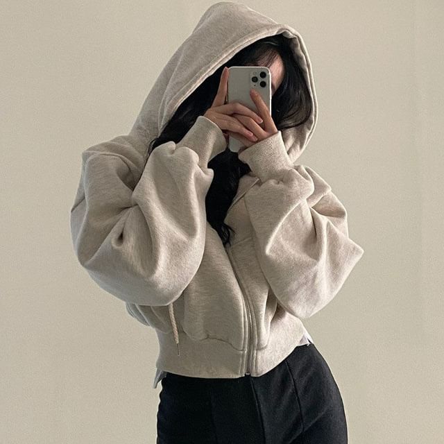 Zip-Up Crop Hoodie Solid Design