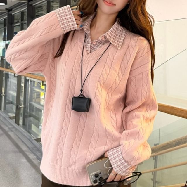 Plaid Panel Knit Sweater with Collar