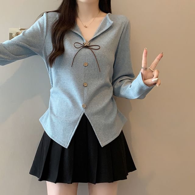 Ribbed Knit V-Neck Button Top
