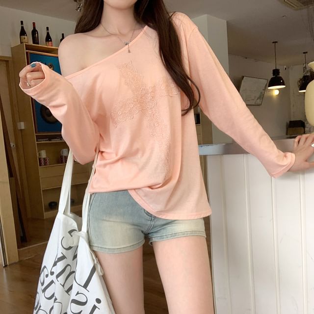 Off Shoulder Lace Panel T-Shirt Long Sleeve