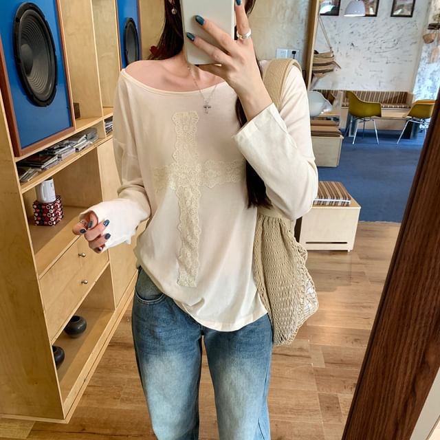 Off Shoulder Lace Panel T-Shirt Long Sleeve