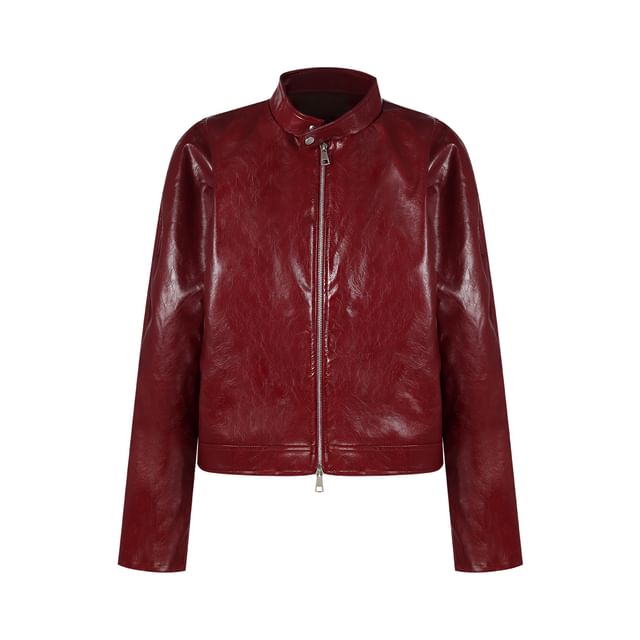 Stand Collar Faux Leather Zip Jacket / Halter Faux Leather Crop Top / Mid Rise Plain Shorts