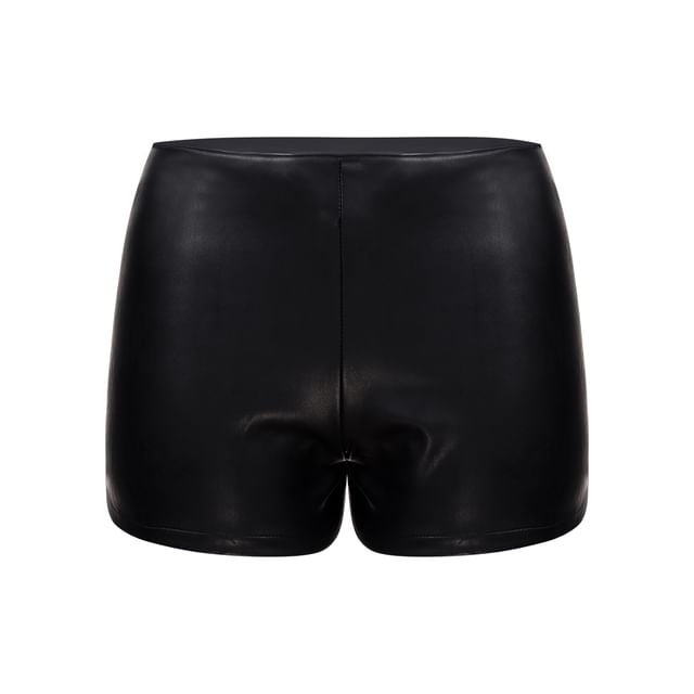 Stand Collar Faux Leather Zip Jacket / Halter Faux Leather Crop Top / Mid Rise Plain Shorts