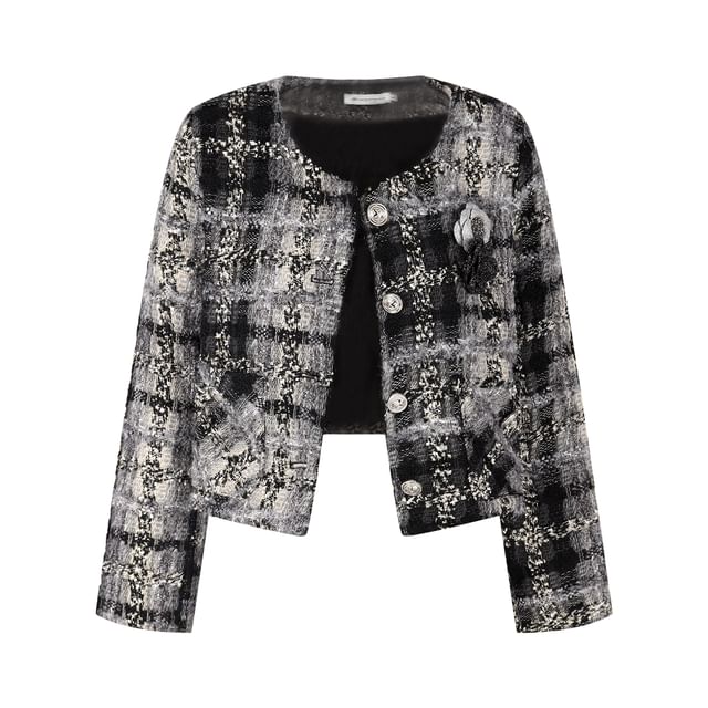 Tweed Button Blazer / High Waist Mini A-Line Skirt / Long Sleeve Ruffled Blouse