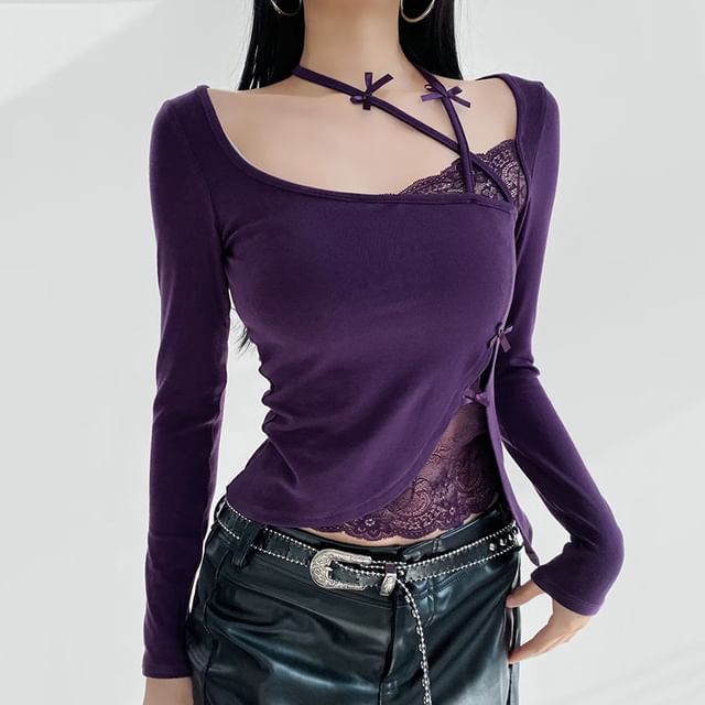 Lace Trim Asymmetric Long Sleeve Tee