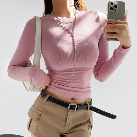Long Sleeve Round Neck Fitted Solid Tee