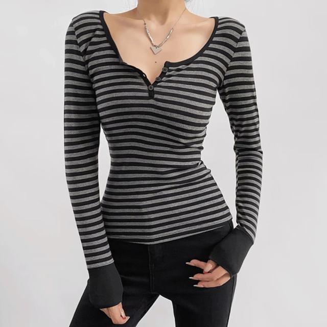 Striped Henley Long Sleeve Knit Shirt