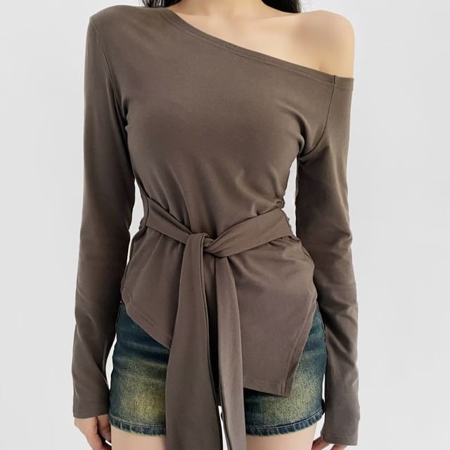 Tie Waist Asymmetric One-Shoulder Jersey Top
