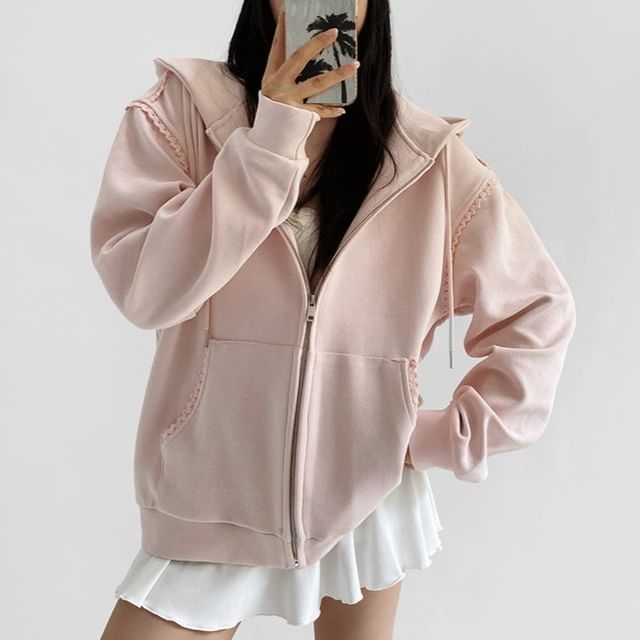Oversized Lace Trim Zip-Up Hoodie