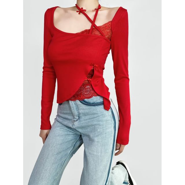 Lace Trim Asymmetric Long Sleeve Tee