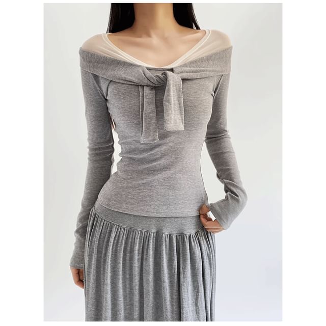 Mesh Panel Knot Mock Two-Piece V-Neck Long Sleeve Tee