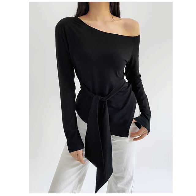 Tie Waist Asymmetric One-Shoulder Jersey Top