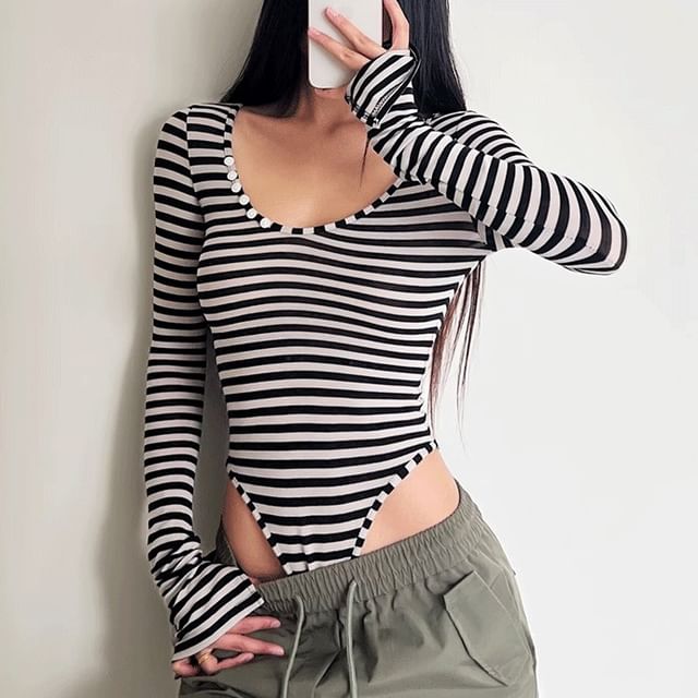 Flared Sleeve Striped Scoop Neck Bodysuit