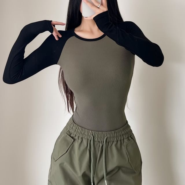 Raglan Round Neck Long Sleeve Bodysuit