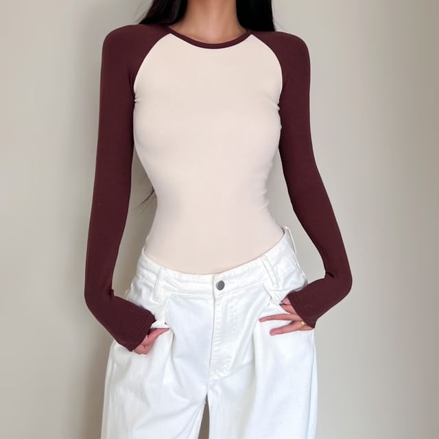 Raglan Round Neck Long Sleeve Bodysuit