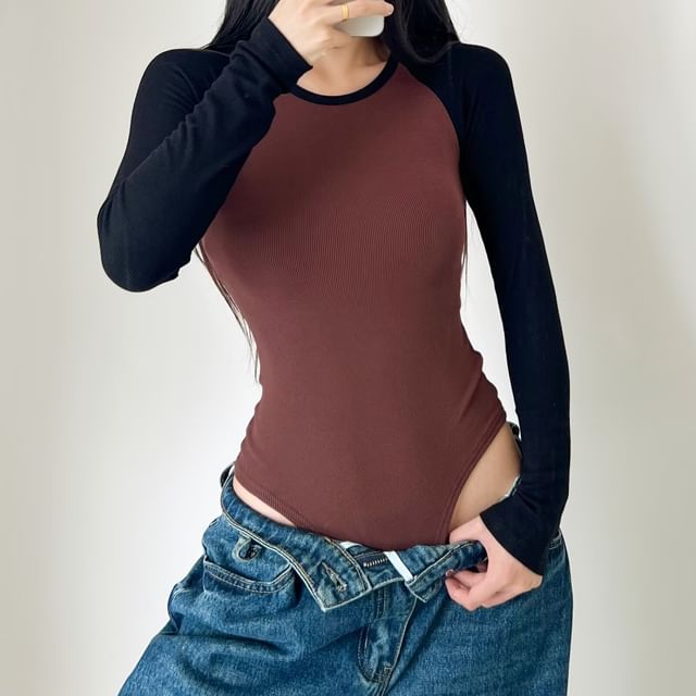 Raglan Round Neck Long Sleeve Bodysuit