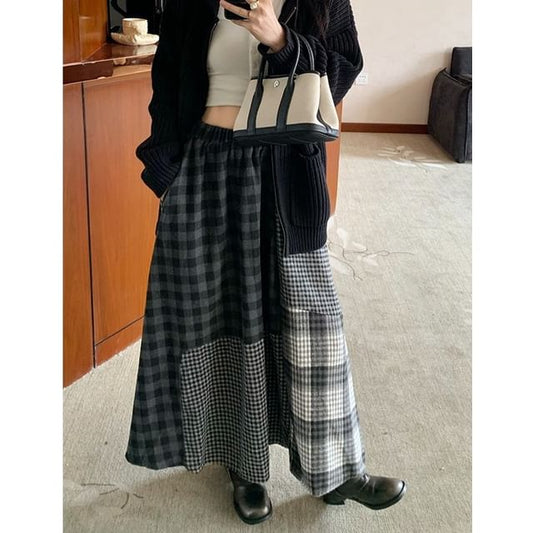 Checked Panel Maxi A-Line Skirt High Waist