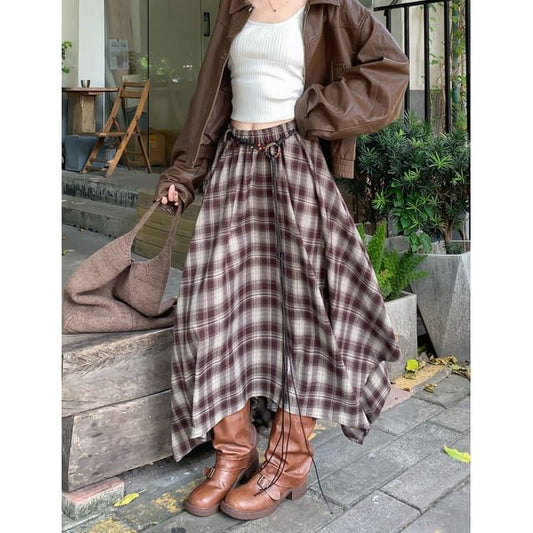 Asymmetric Hem Plaid Maxi A-Line Skirt High Waist