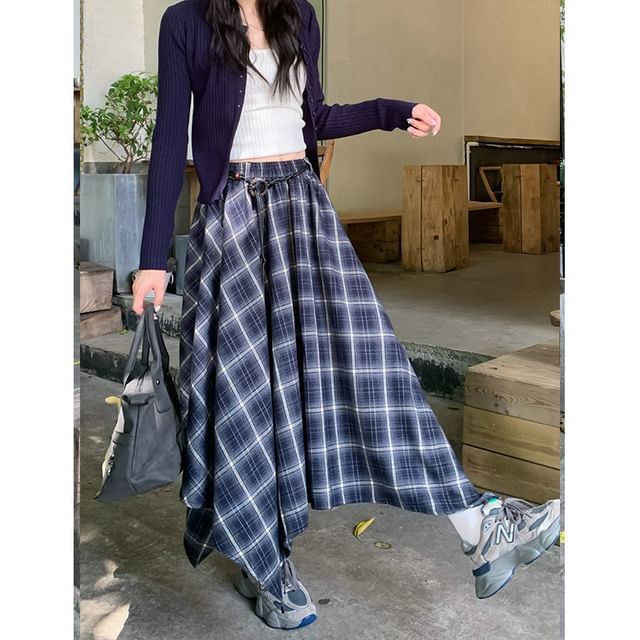 Asymmetric Hem Plaid Maxi A-Line Skirt High Waist