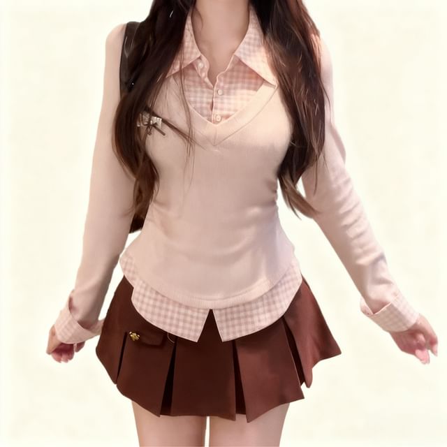 Gingham Panel Collared Mock Two-Piece Tee