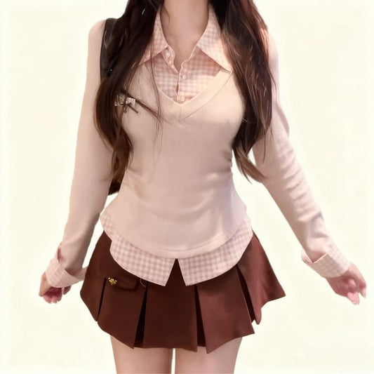 Gingham Panel Collared Mock Two-Piece Tee