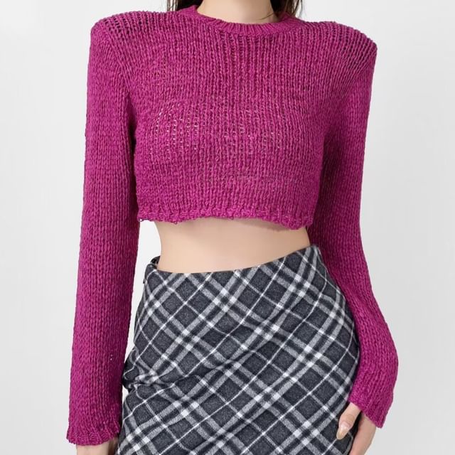 Perforated Crew Neck Crop Knit Top