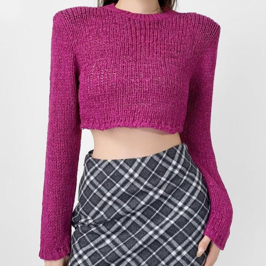 Perforated Crew Neck Crop Knit Top