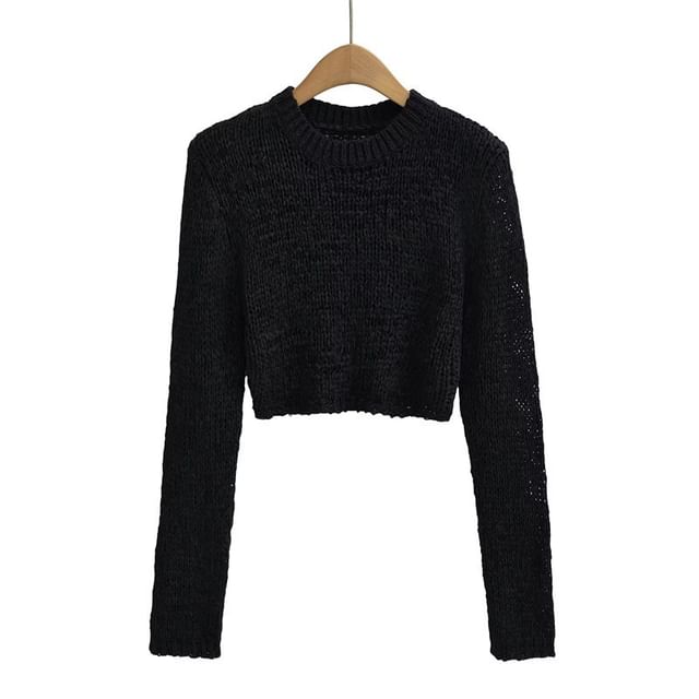 Perforated Crew Neck Crop Knit Top
