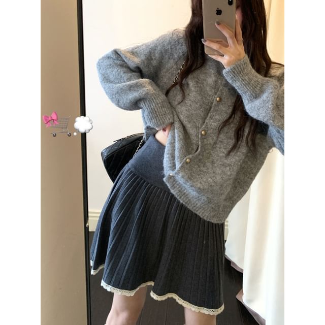 Contrast Trim Knitted Mini Pleated Skirt High Waist