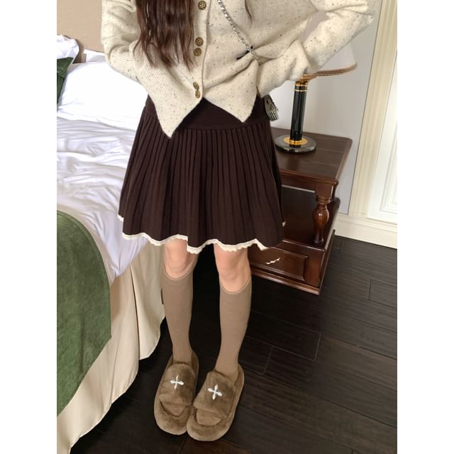 Contrast Trim Knitted Mini Pleated Skirt High Waist
