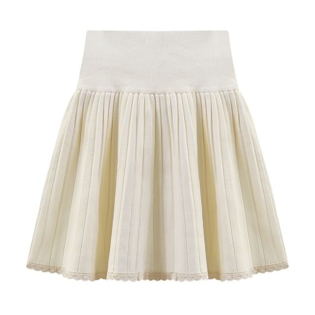 Contrast Trim Knitted Mini Pleated Skirt High Waist