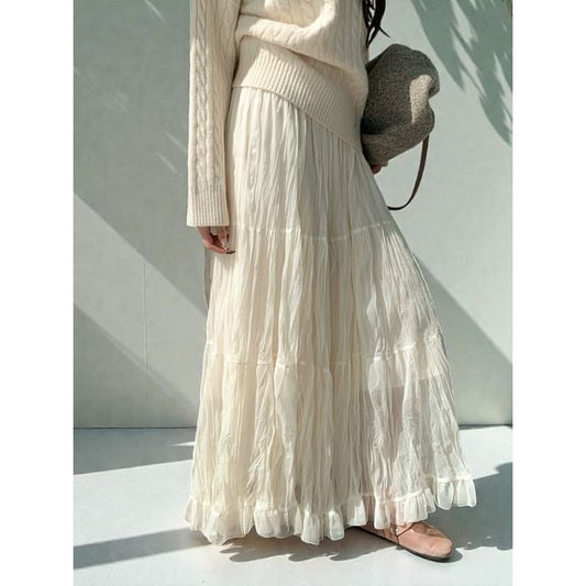 Ruched Sheer Maxi A-Line Skirt High Waist