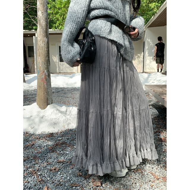 Ruched Sheer Maxi A-Line Skirt High Waist