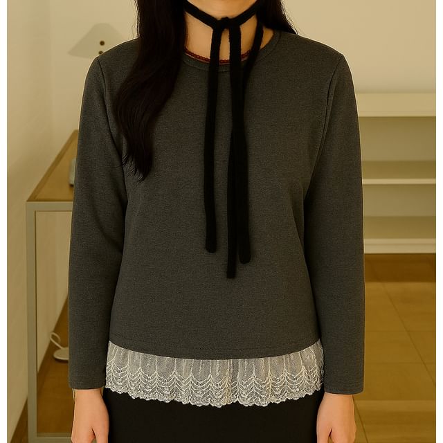 Crew Neck Lace Trim Sweater