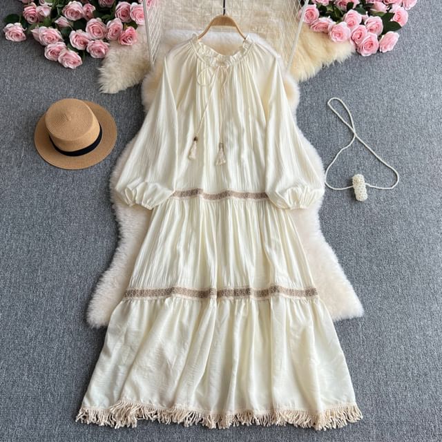 Long-Sleeve Round Neck Contrast Trim Maxi A-Line Dress