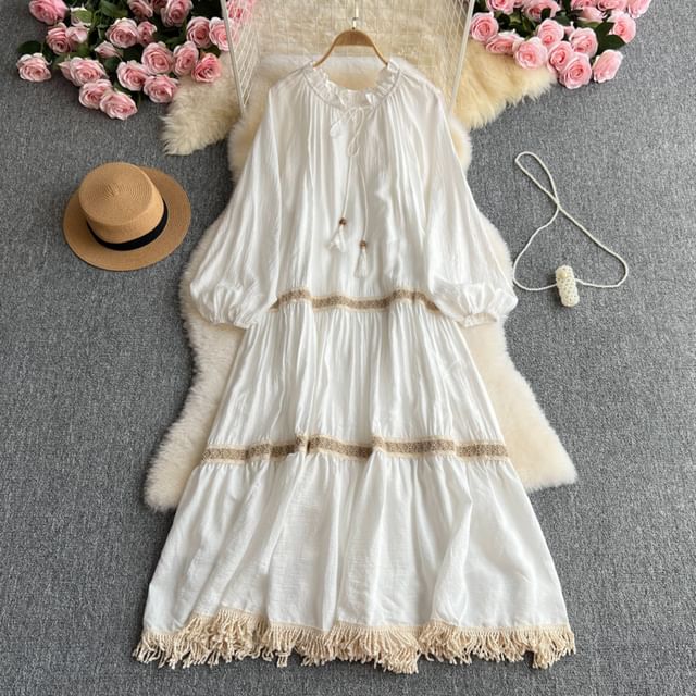 Long-Sleeve Round Neck Contrast Trim Maxi A-Line Dress
