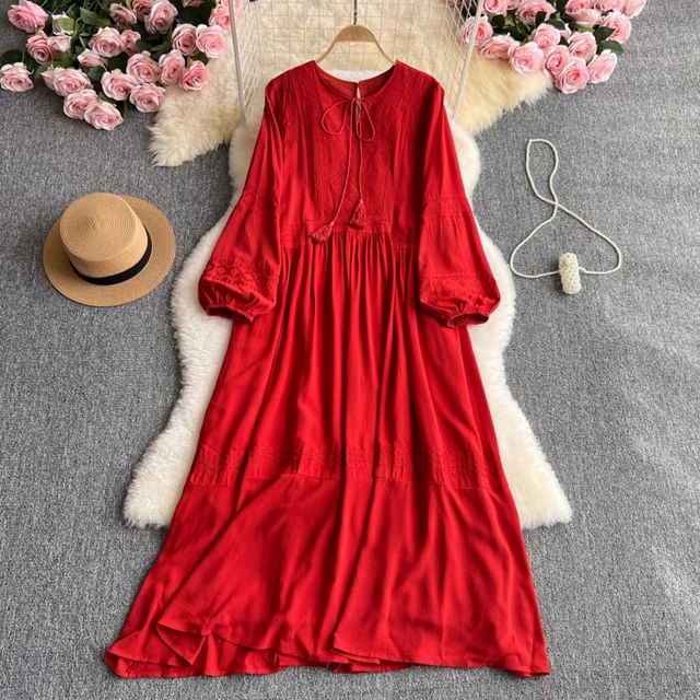 Long-Sleeve Round Neck Plain Maxi A-Line Dress