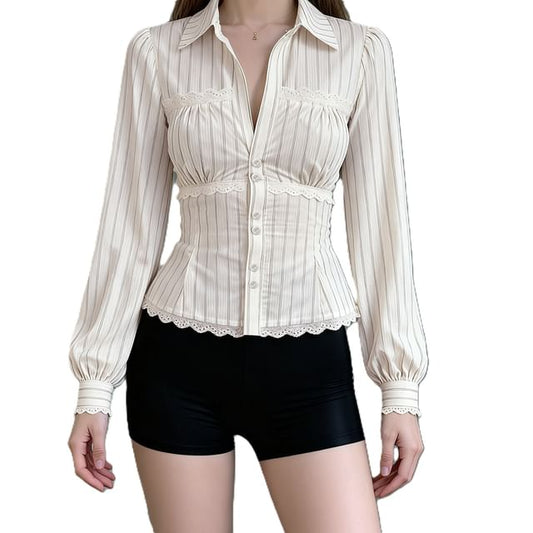 Striped Long-Sleeve Lace Trim Blouse