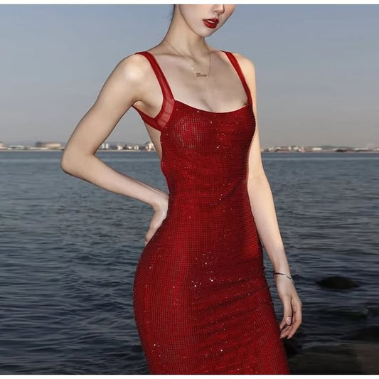 Sleeveless Square Neck Sequin Open-Back Maxi Bodycon Dress