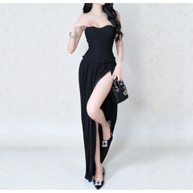Sleeveless Sequin Panel Plain Slit Maxi Dress