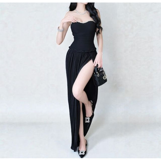 Sleeveless Sequin Panel Plain Slit Maxi Dress